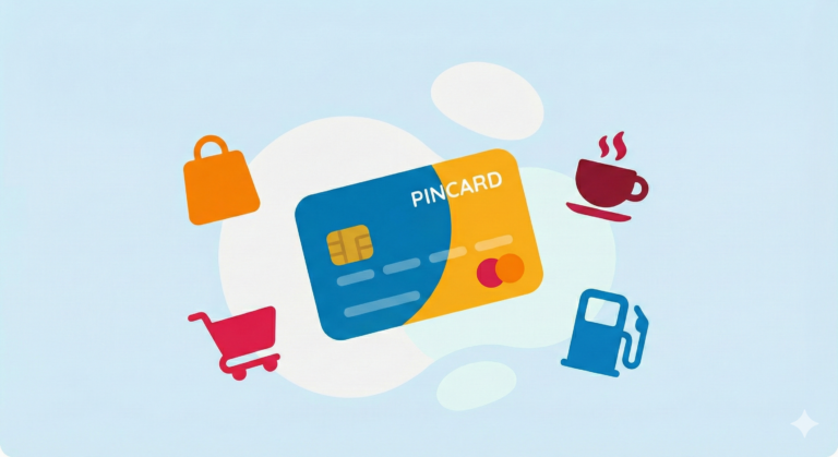 Ilustración destacada para el blog 'Consejos para principiantes', mostrando una tarjeta de crédito central rodeada de iconos de compras, gasolina y cafetería para representar su uso cotidiano y aceptación.