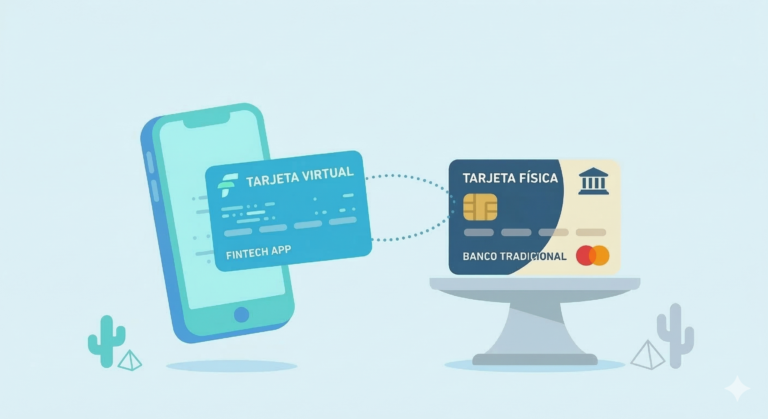 Ilustración simétrica que muestra un smartphone con una tarjeta de crédito virtual (fintech) y una tarjeta física tradicional (banca tradicional) conviviendo en armonía, representando las opciones de crédito para principiantes en México 2026.